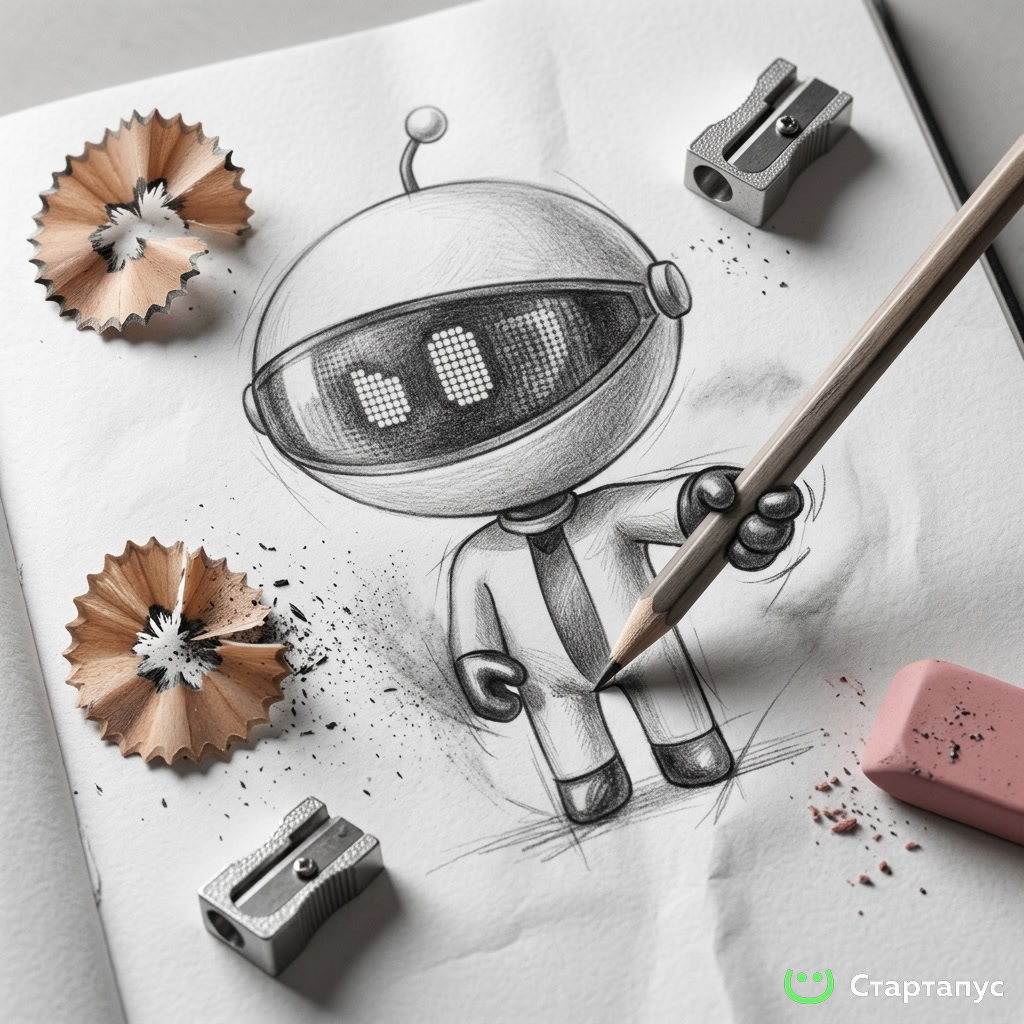 Сверхдетализированный 3D-эскиз графитным карандашом человека, активно рисующего, выполненный на текстурированной белой б