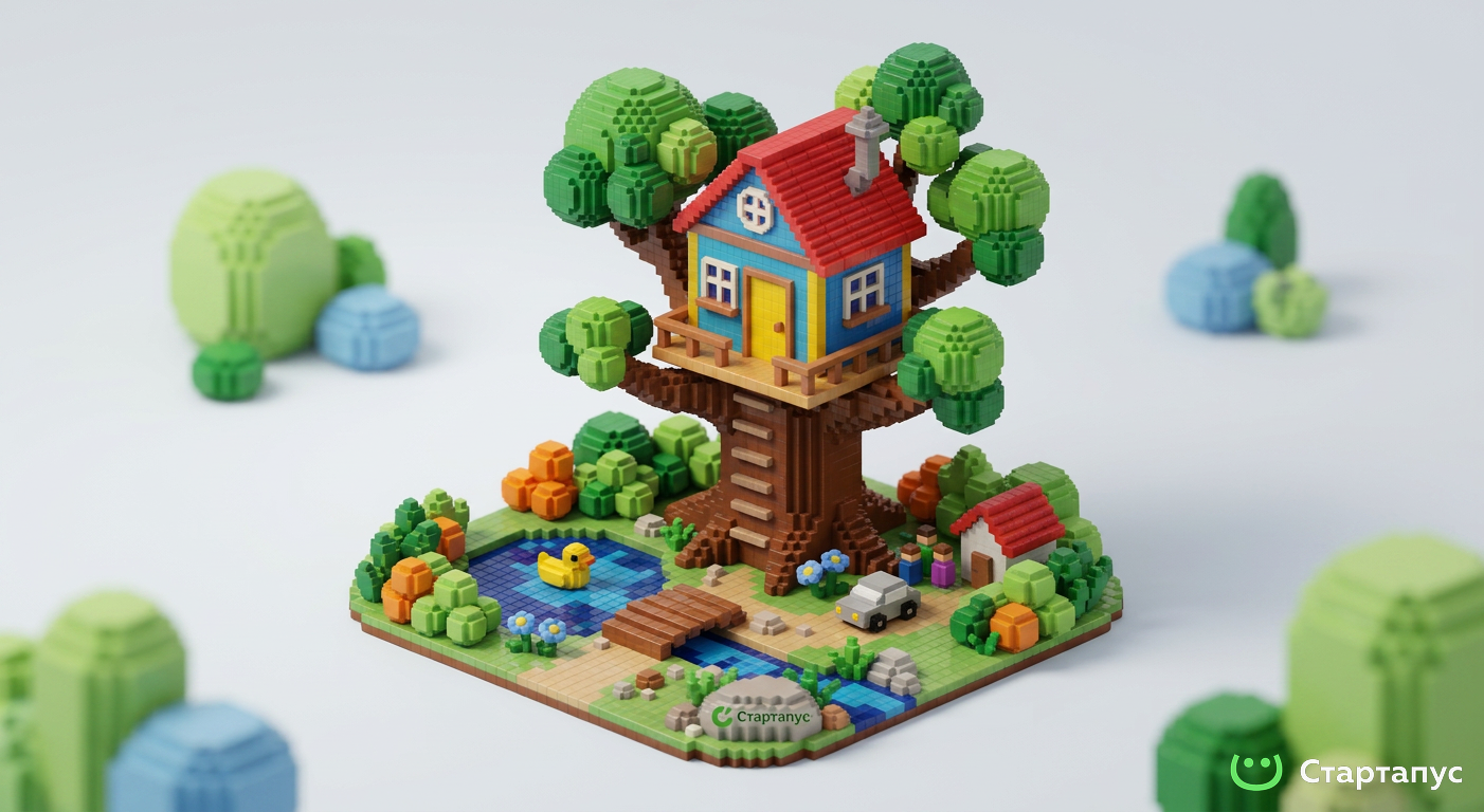 Яркая трехмерная изометрическая фигура в стиле воксельной графики (Voxel Art). Весь объект собран из миллионов крошечных