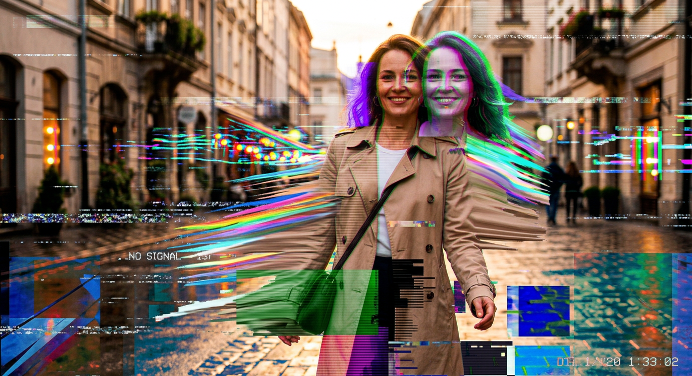 Эффект жесткого цифрового искажения и датамошинга (Datamoshing). Картинка рассыпается на горизонтальные пиксельные полос